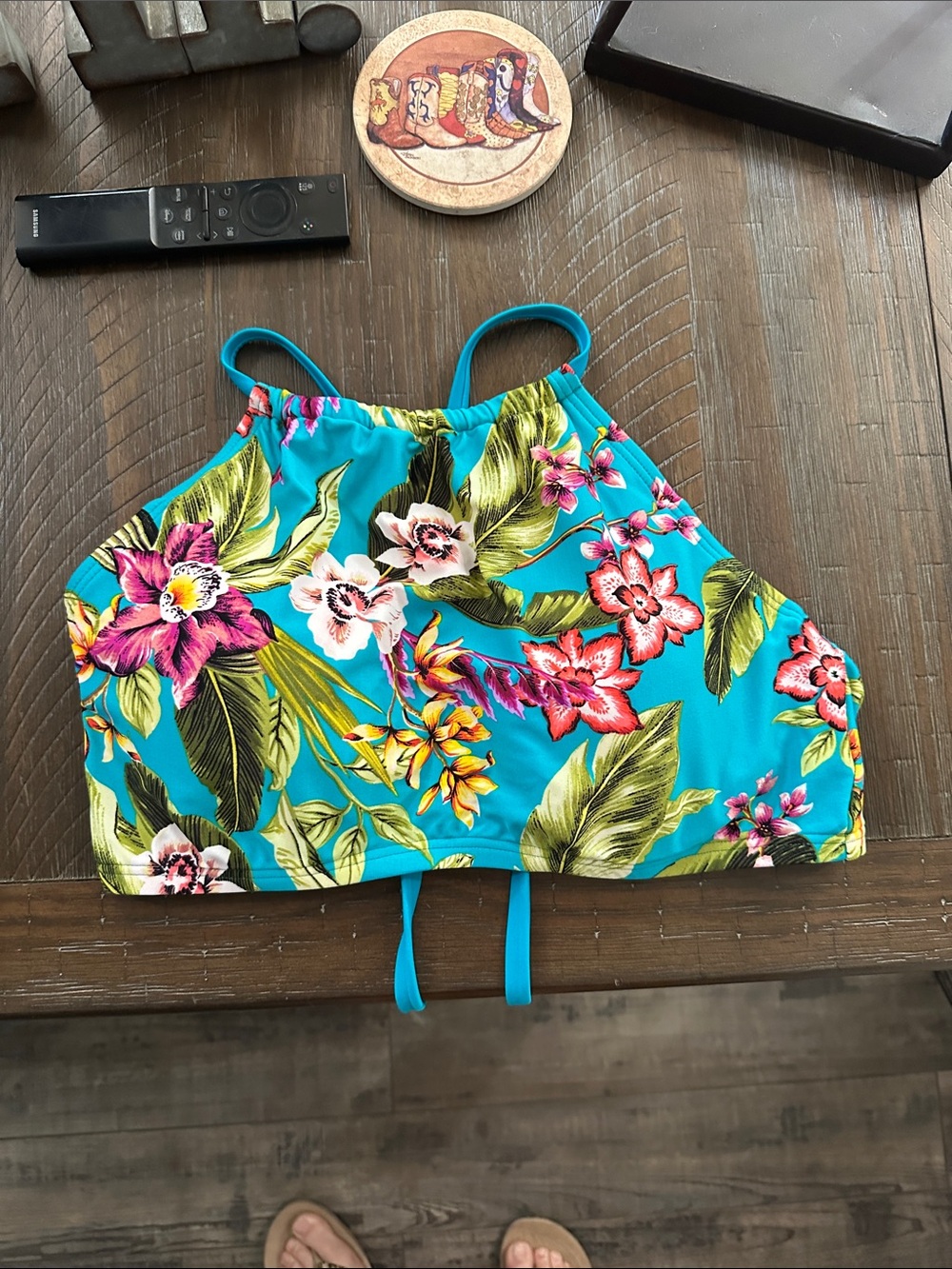 Coastal Blue Coral and Teal Tropical Bikini Top - Picture 1 of 3